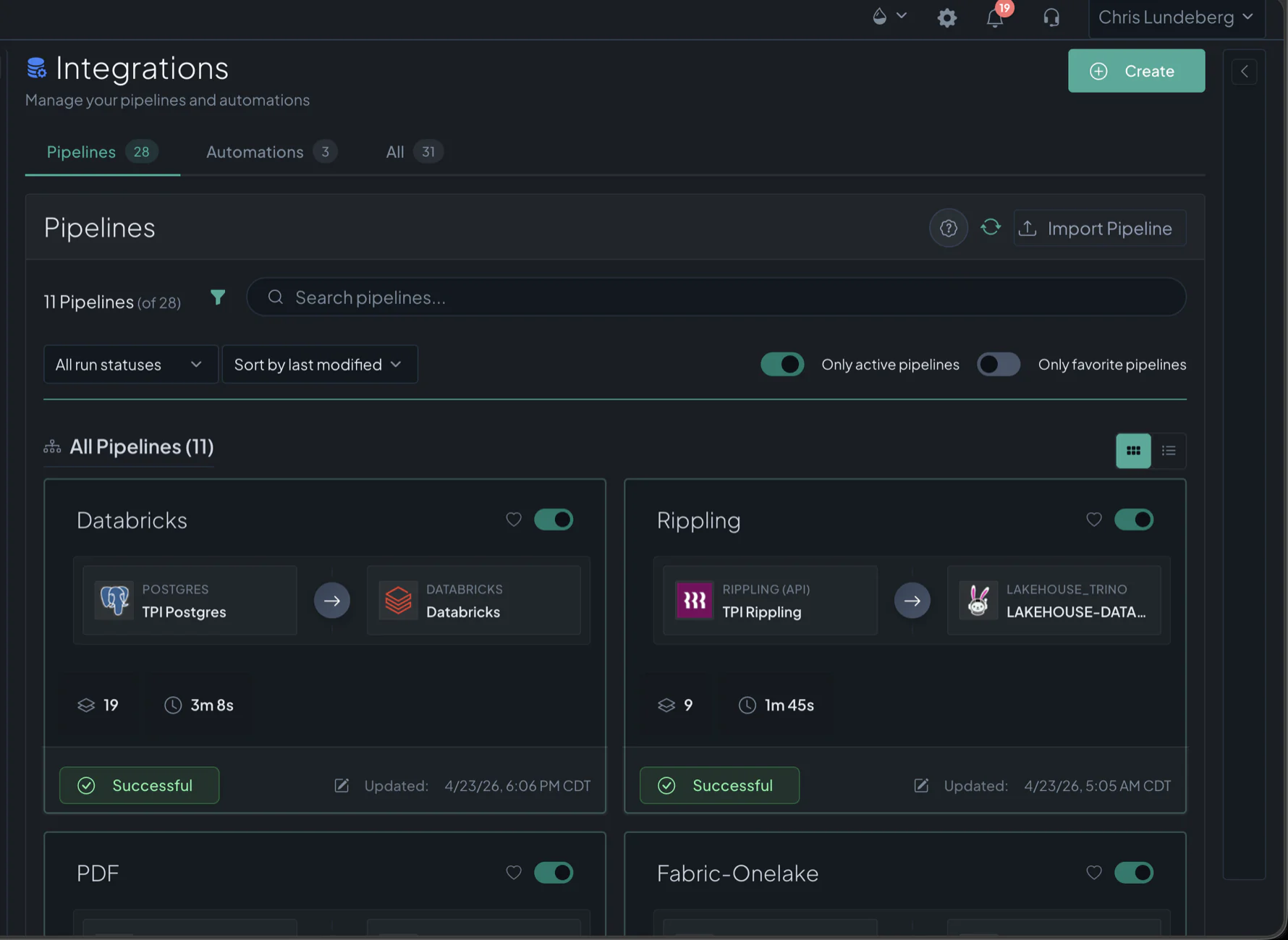 The Databasin Integrations hub listing a project's pipelines, each with its source, destination, last run time and an active toggle.