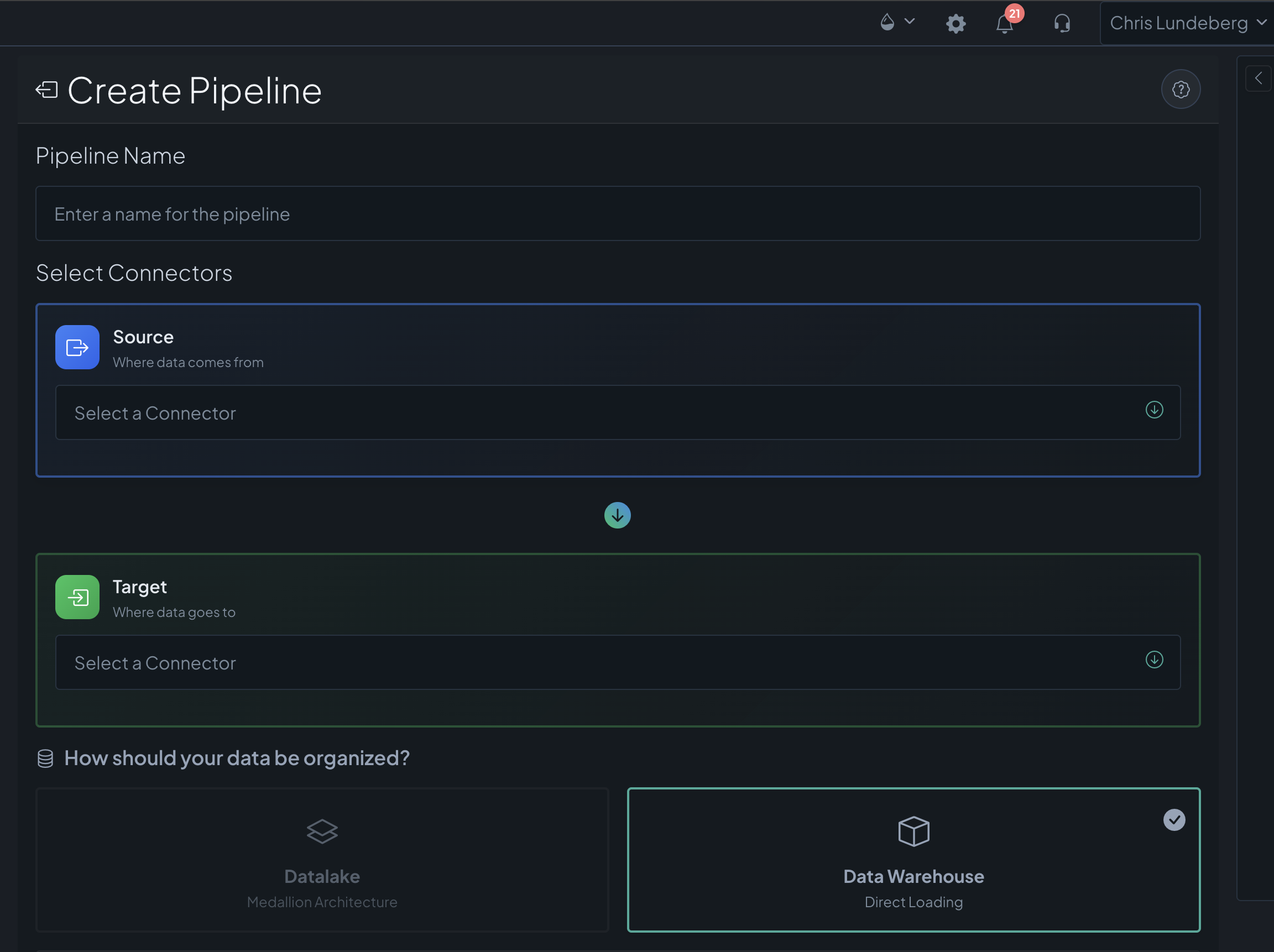 Databasin Create Pipeline — name, select source and target connectors, choose Datalake (Medallion) or Data Warehouse layout