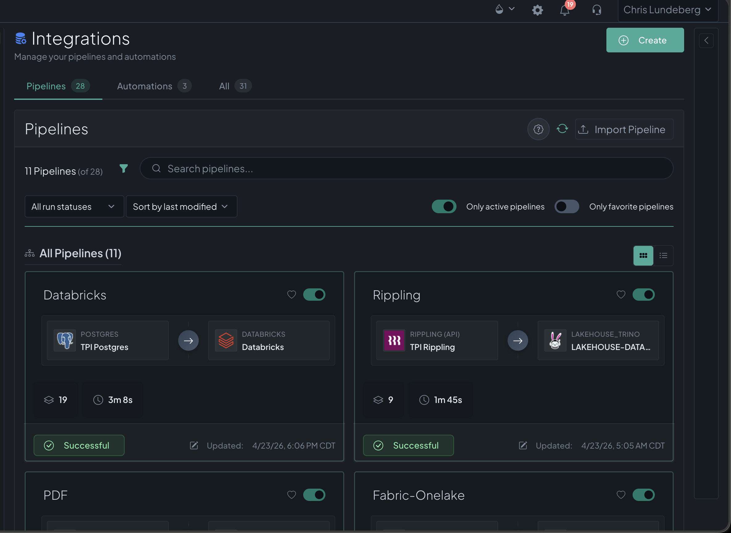 Databasin Integrations — pipelines dashboard showing active pipelines, run statuses, and source-to-target wiring
