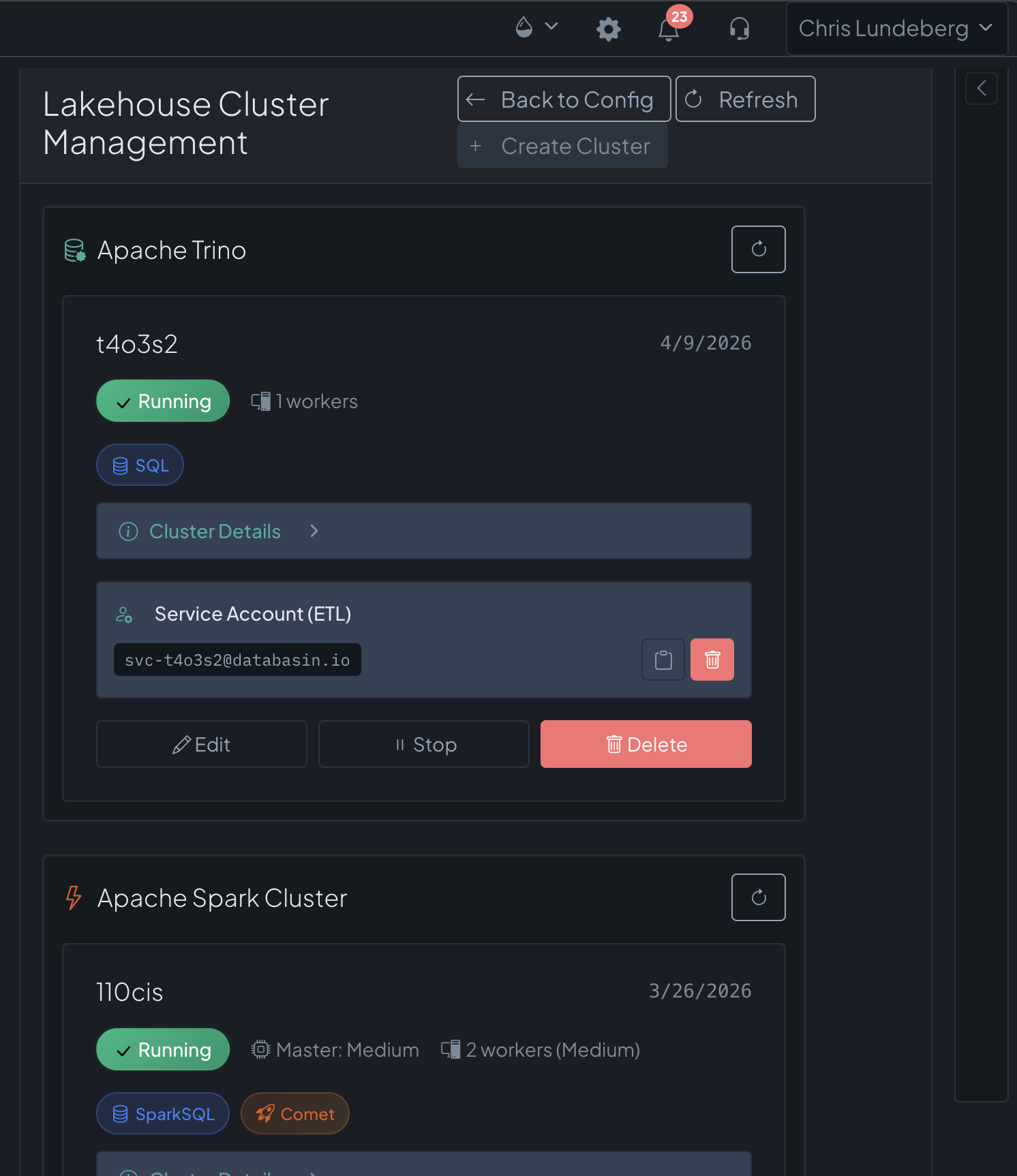 Databasin Lakehouse Cluster Management — manage Trino and Spark clusters with service accounts