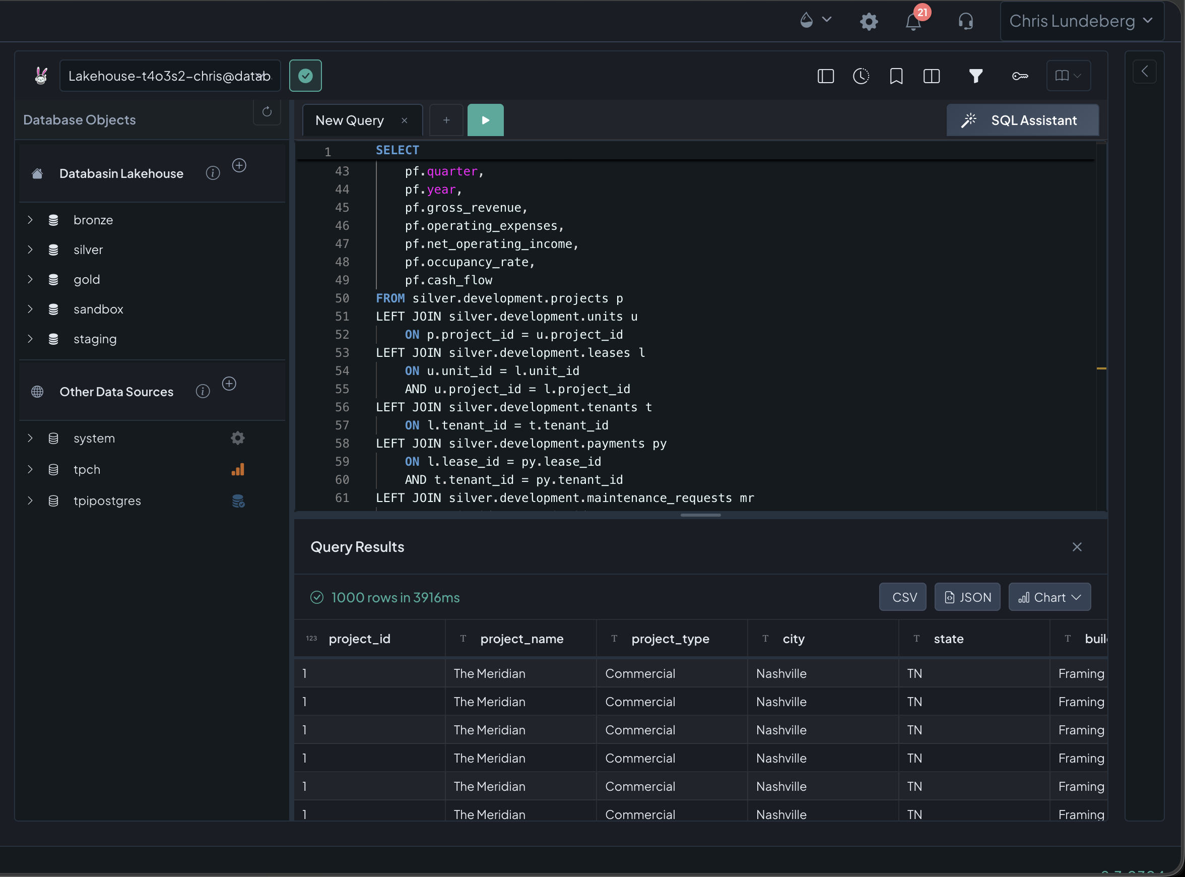 Databasin SQL Editor — interactive Trino query against governed gold-layer tables with instant results
