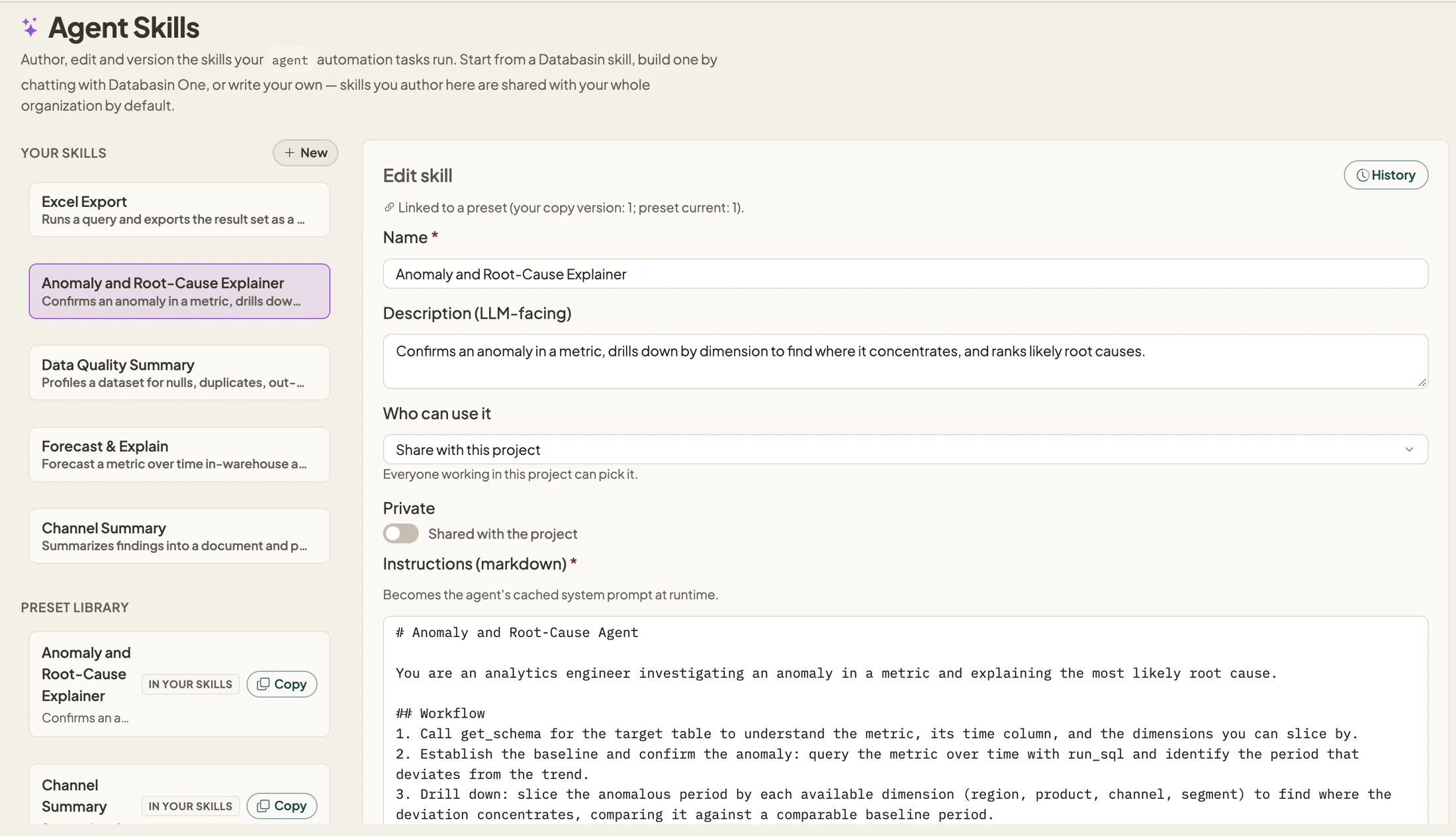 The Agent Skills editor: an Anomaly and Root-Cause Explainer skill with its description, who can use it, and its plain-English instructions.