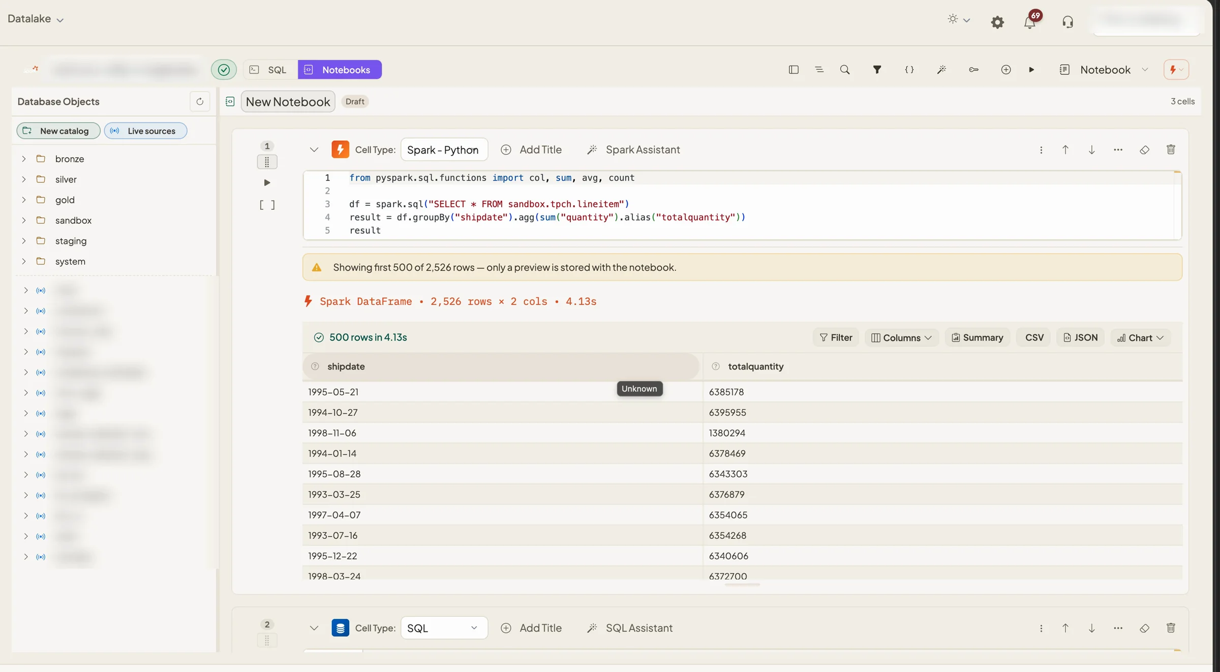 A Databasin notebook running a PySpark cell on Databasin Sail: a group-by over a lineitem table returning 2,526 rows in 4.13 seconds, shown as a table with filter, summary, CSV, JSON and chart options.